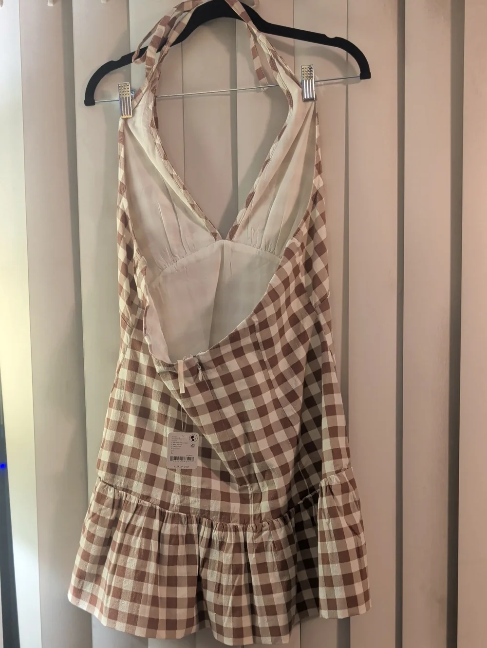 Free People Beige & Cream Gingham Halter Dress, L - Picture 5 of 8